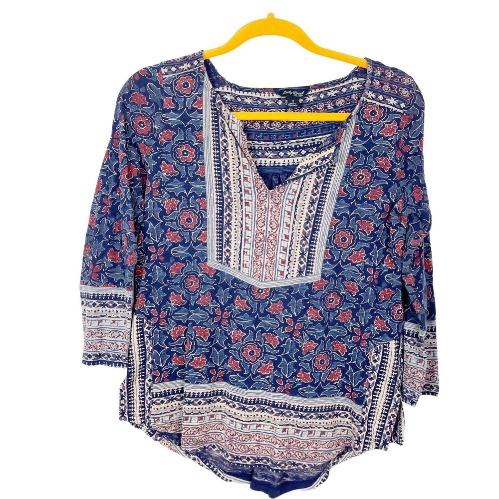Lucky Brand Woman's Sz S Bohemian Peasant‎ Top in Blue Geometric Pattern